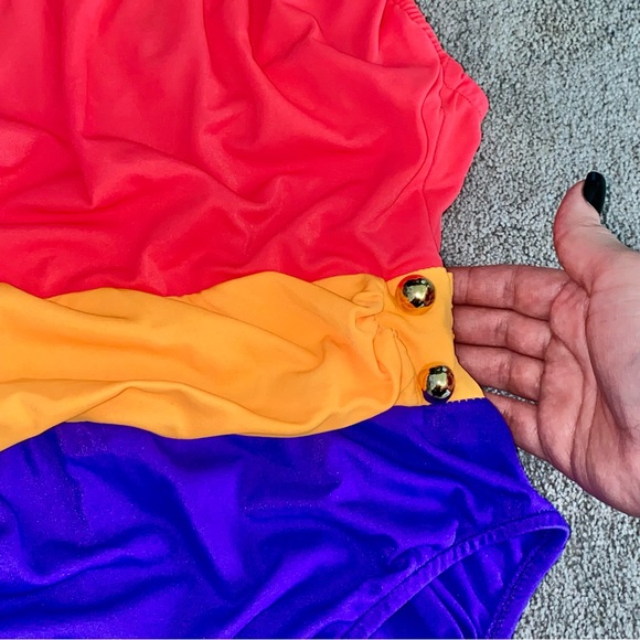 L 12 VTG Le Cove 90’s Neon Colorblock Low Back One Piece Ruched Swimsuit - Picture 6 of 12